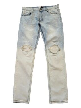 Fashion Nova Men's Stacked Skinny Flare Jeans Light Wash w/ Paint Splatter Sz 34